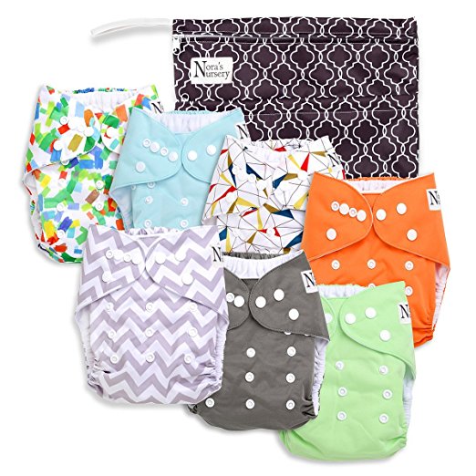 Nora's Nursery Baby Cloth Pocket Diapers (7 Pack) with 7 Bamboo Inserts and 1 Wet Bag