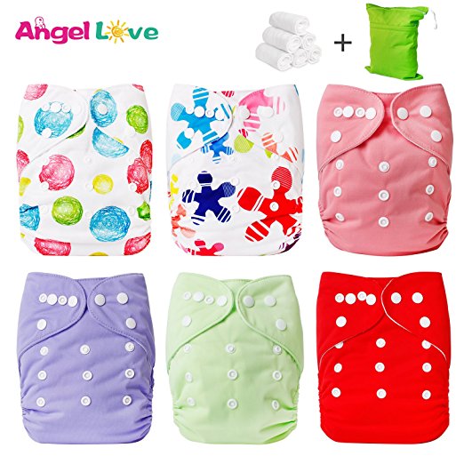 Baby Cloth Diaper, Angel Love Baby Reusable Washable All in one Size Cloth Pocket Diapers, Adjustable Snap, 6 Pcs + 6 Inserts, Gift Set, 3ZH03 (Girl Color)