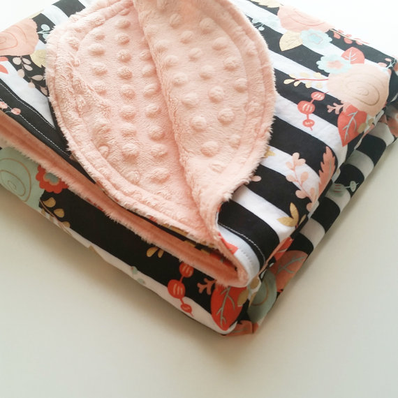 Baby Blanket - Minky Baby Blanket - Girls Baby Blanket - Mint Gold Baby Blanket - Black White Baby Blanket - Baby Shower Gift