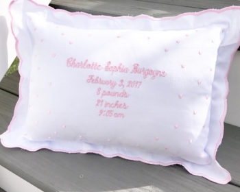 Monogram Birth Announcement Baby Pillow | Personalized Swiss Dot Nursery Pillow | Beautiful Classic Embroidered Custom Keepsake
